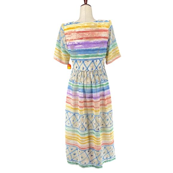 Vtg 80s 90s Two Potato Artsy A Line Midi Dress M Petite Sheer NOS Coastal Pastel - Picture 3 of 16